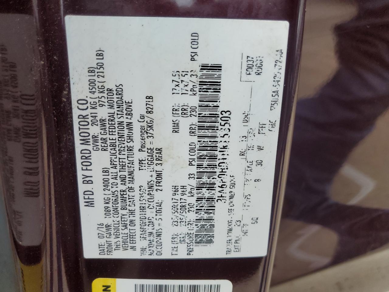 2017 Ford Fusion Se VIN: 3FA6P0HD1HR153503 Lot: 53281995