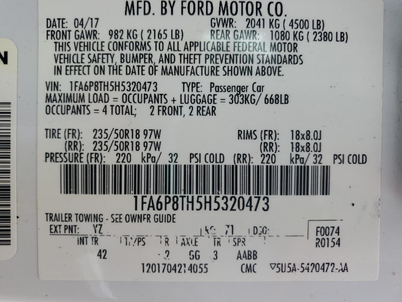 2017 Ford Mustang VIN: 1FA6P8TH5H5320473 Lot: 51389715