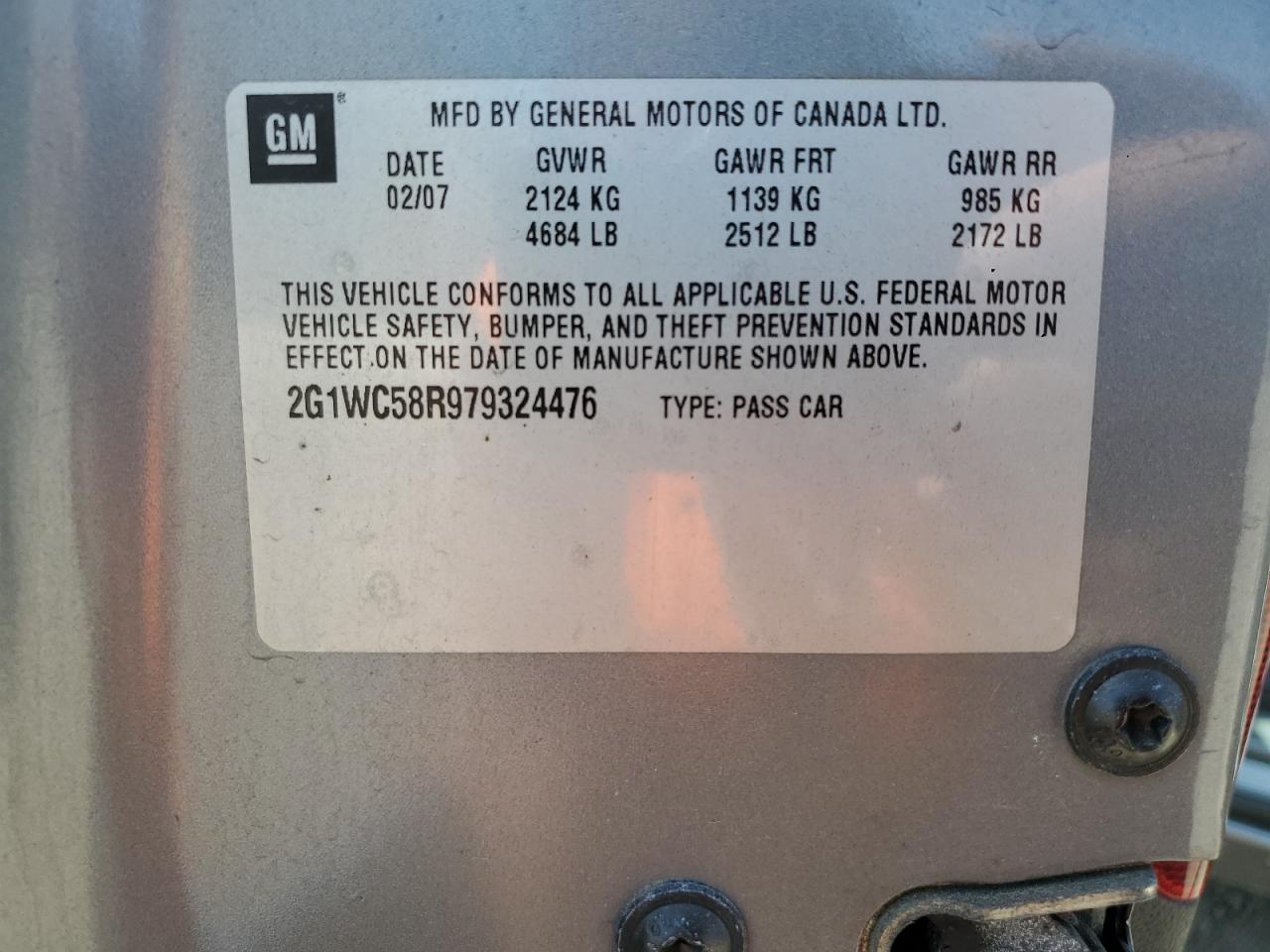 2007 Chevrolet Impala Lt VIN: 2G1WC58R979324476 Lot: 53511455