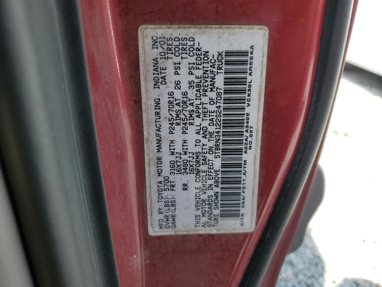 2002 Toyota Tundra Access Cab Sr5 VIN: 5TBRN34122S247087 Lot: 53264195