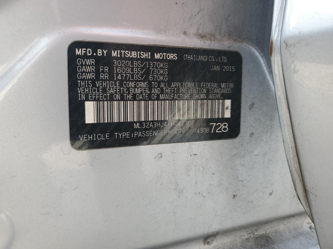 ml32a3hj4fh041202 ML32A3HJ4FH041202 2015 Mitsubishi Mirage De
