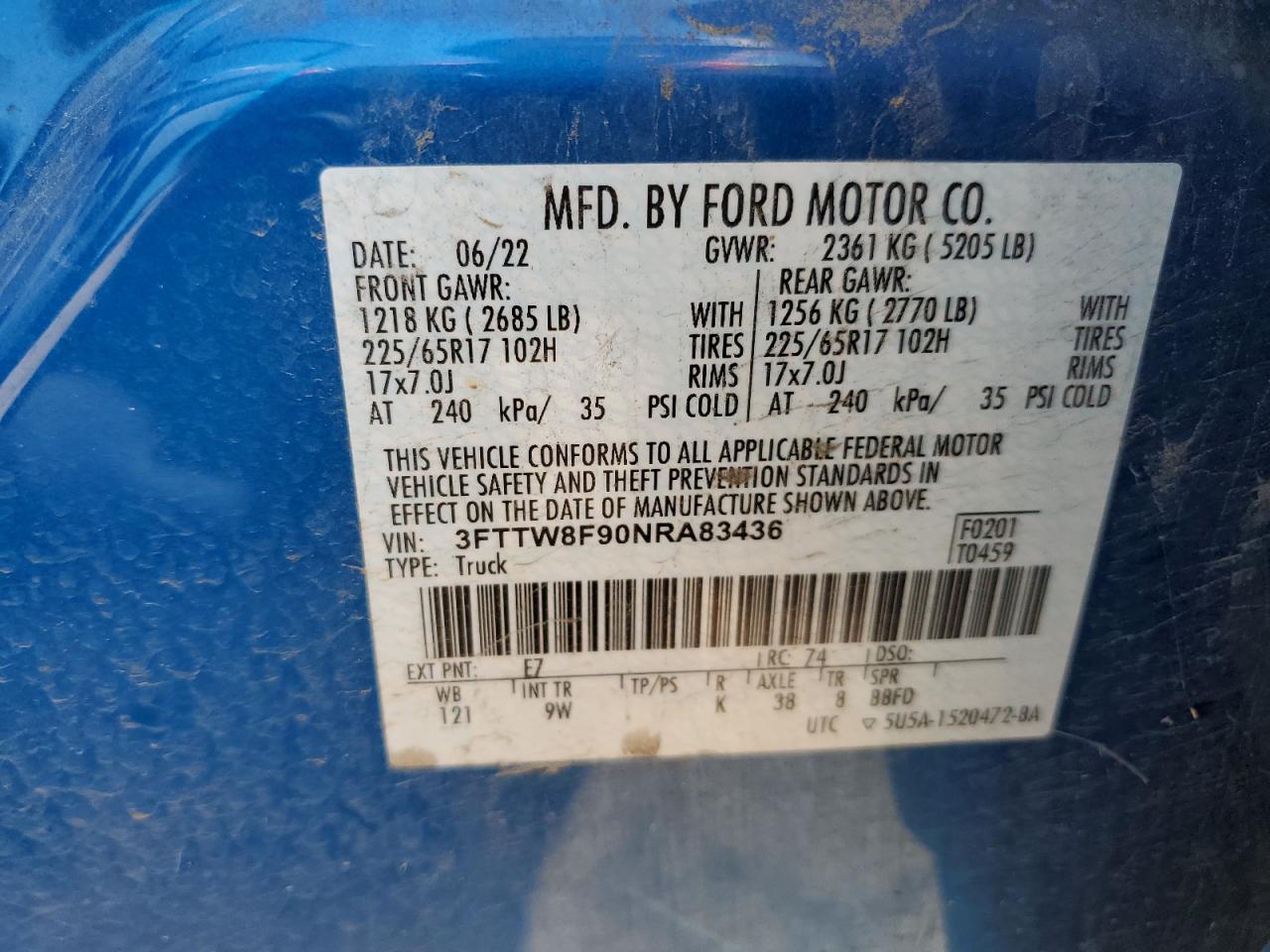 2022 Ford Maverick Xl VIN: 3FTTW8F90NRA83436 Lot: 52937365