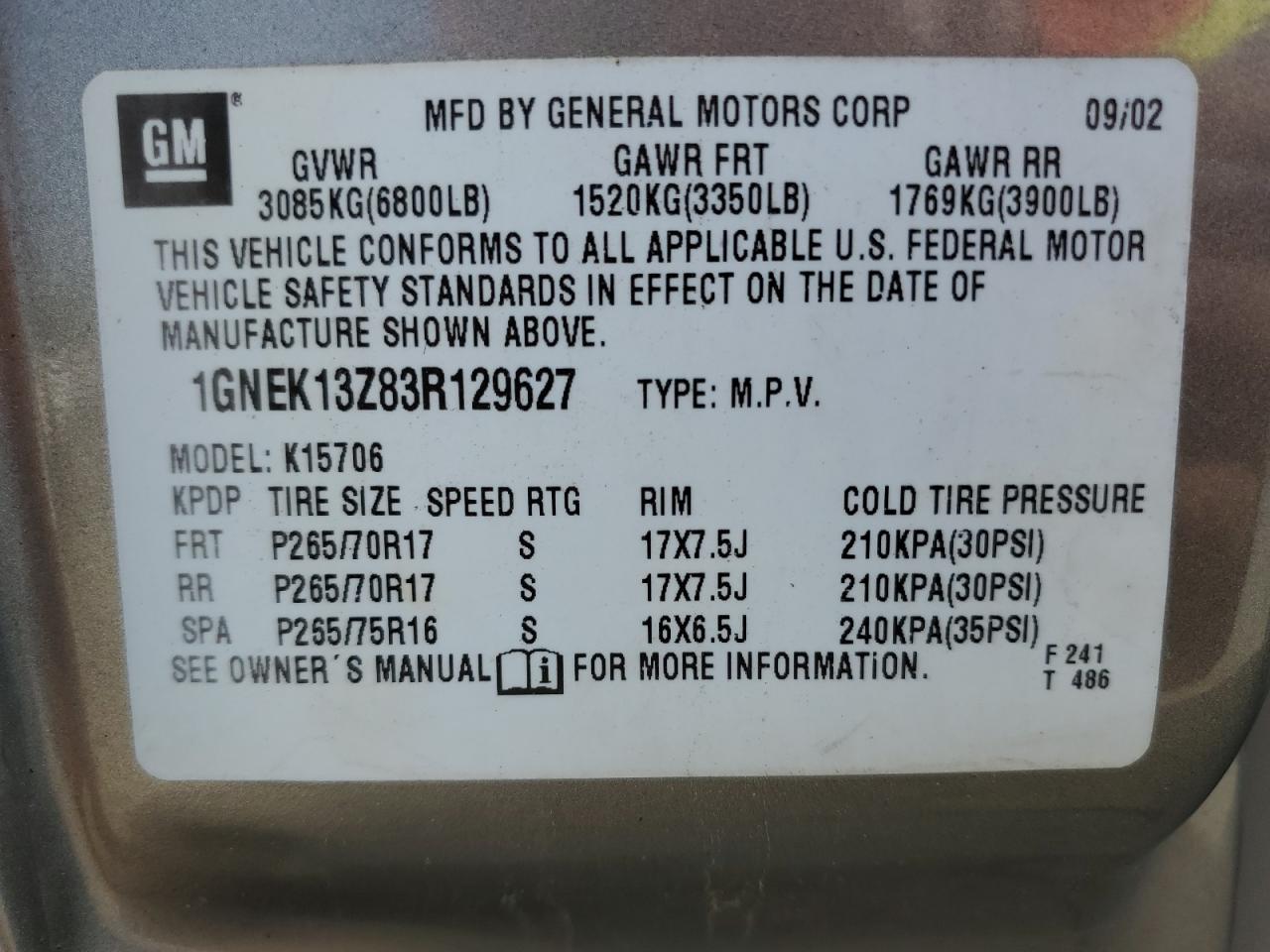 2003 Chevrolet Tahoe K1500 VIN: 1GNEK13Z83R129627 Lot: 51183605