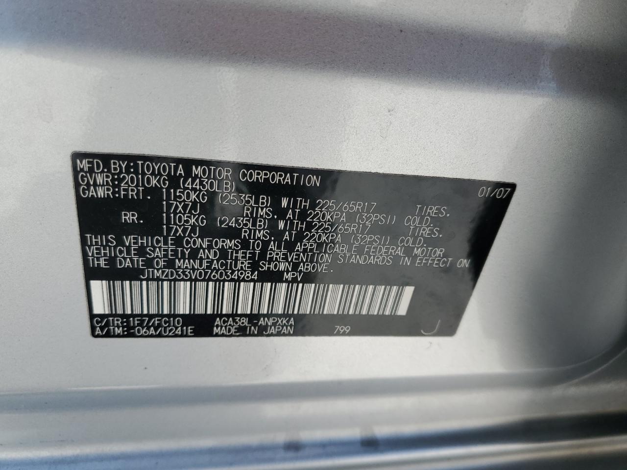 2007 Toyota Rav4 VIN: JTMZD33V076034984 Lot: 55324565