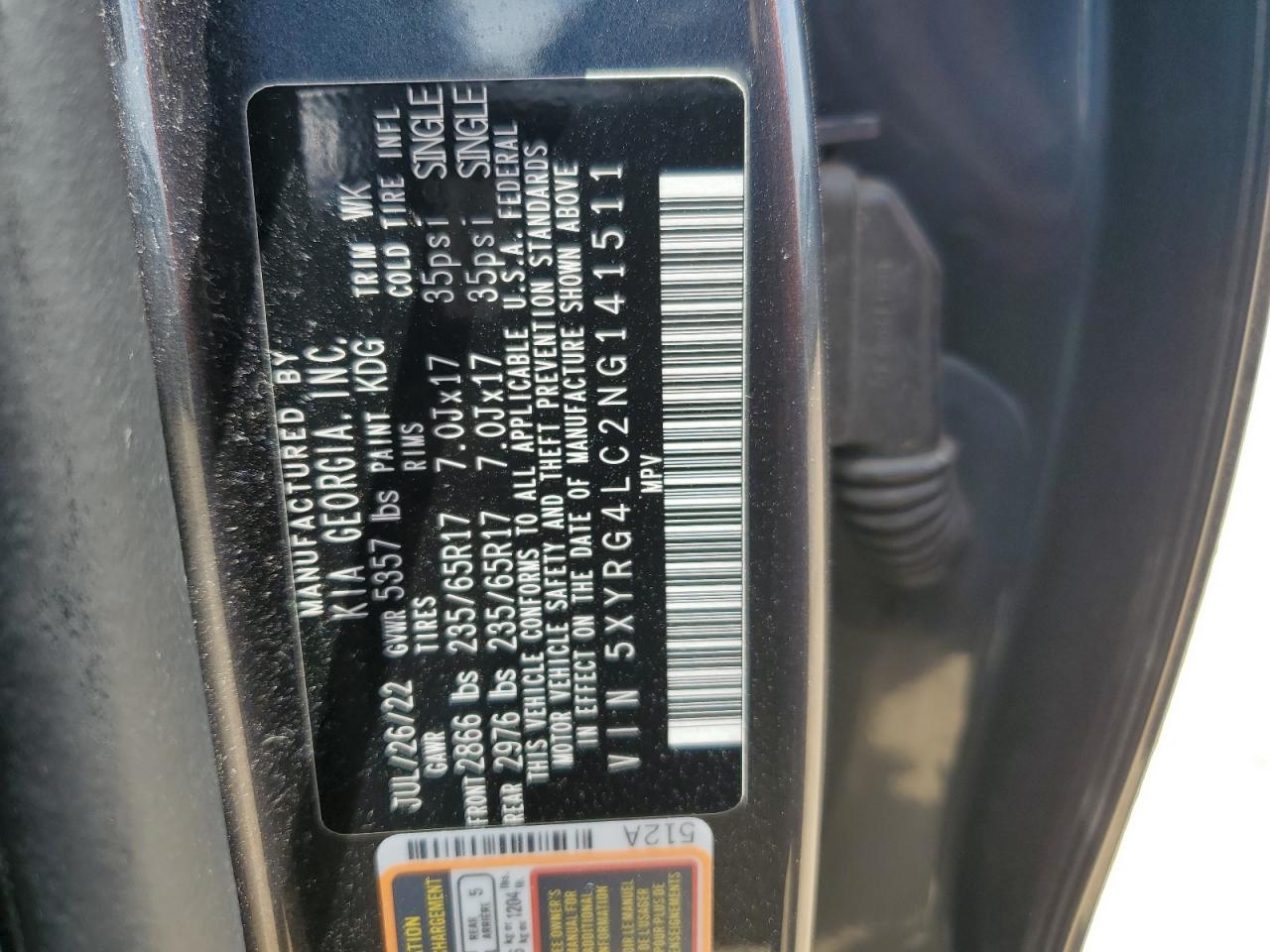 2022 Kia Sorento Lx VIN: 5XYRG4LC2NG141511 Lot: 54418455