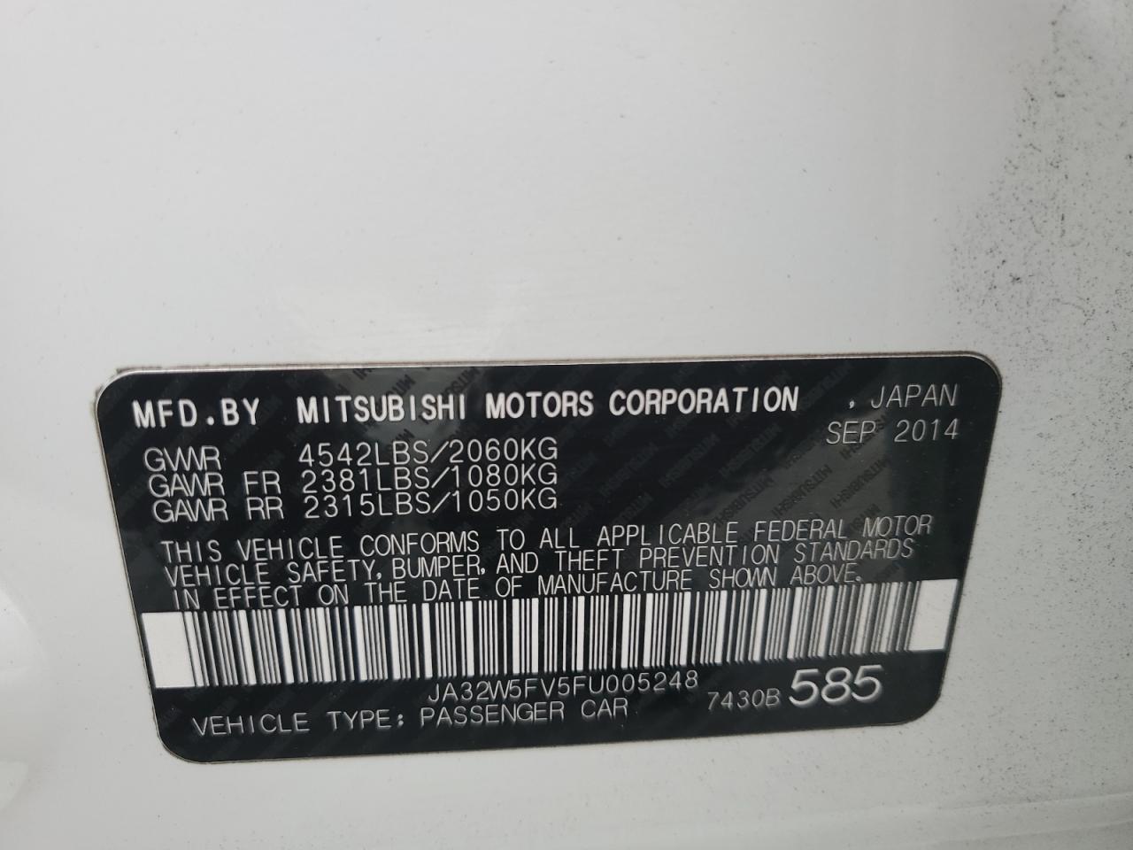 2015 Mitsubishi Lancer Evolution Mr VIN: JA32W5FV5FU005248 Lot: 53923665