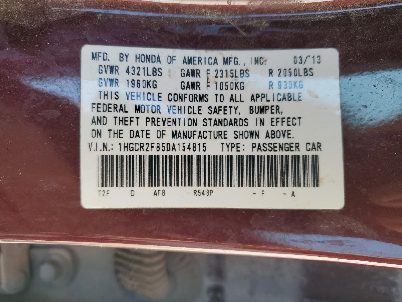 2013 Honda Accord Exl VIN: 1HGCR2F85DA154815 Lot: 54179015