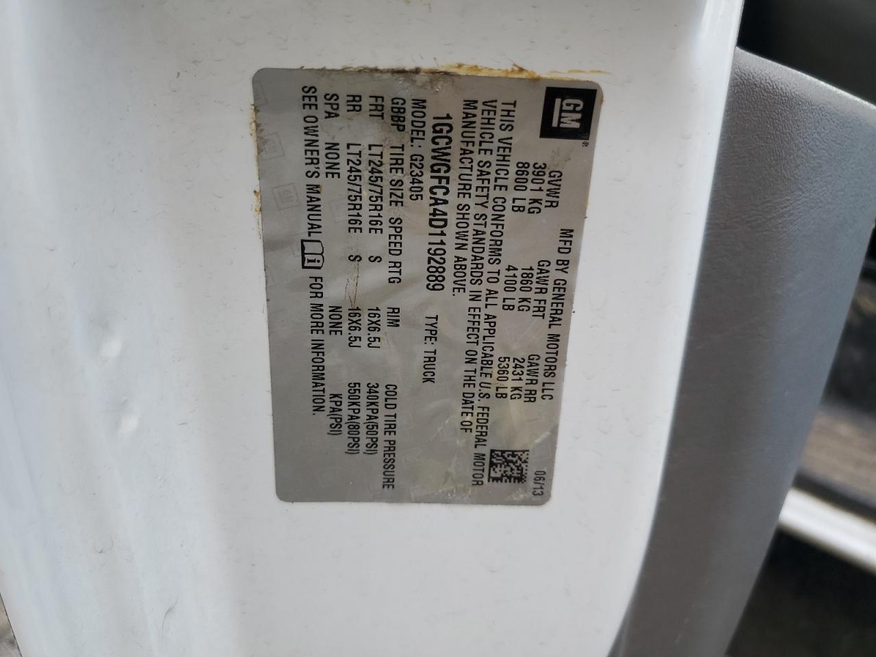 2013 Chevrolet Express G2500 VIN: 1GCWGFCA4D1192889 Lot: 54871595