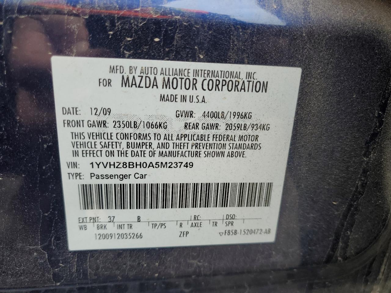 2010 Mazda 6 I VIN: 1YVHZ8BH0A5M23749 Lot: 53887685