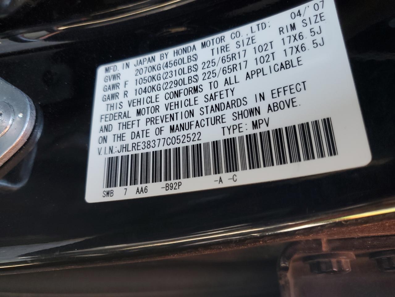 2007 Honda Cr-V Lx VIN: JHLRE38377C052522 Lot: 54796985