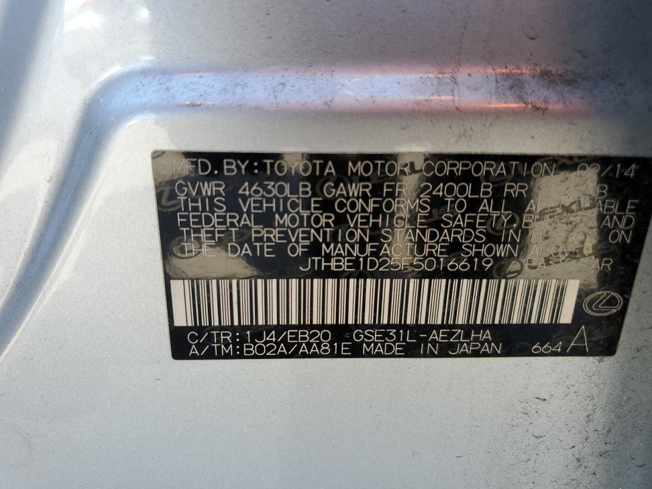 2015 Lexus Is 350 VIN: JTHBE1D25F5016619 Lot: 52764595