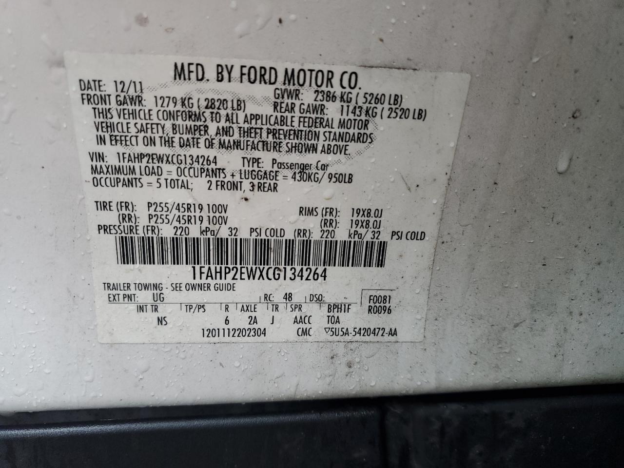 2012 Ford Taurus Sel VIN: 1FAHP2EWXCG134264 Lot: 54544185