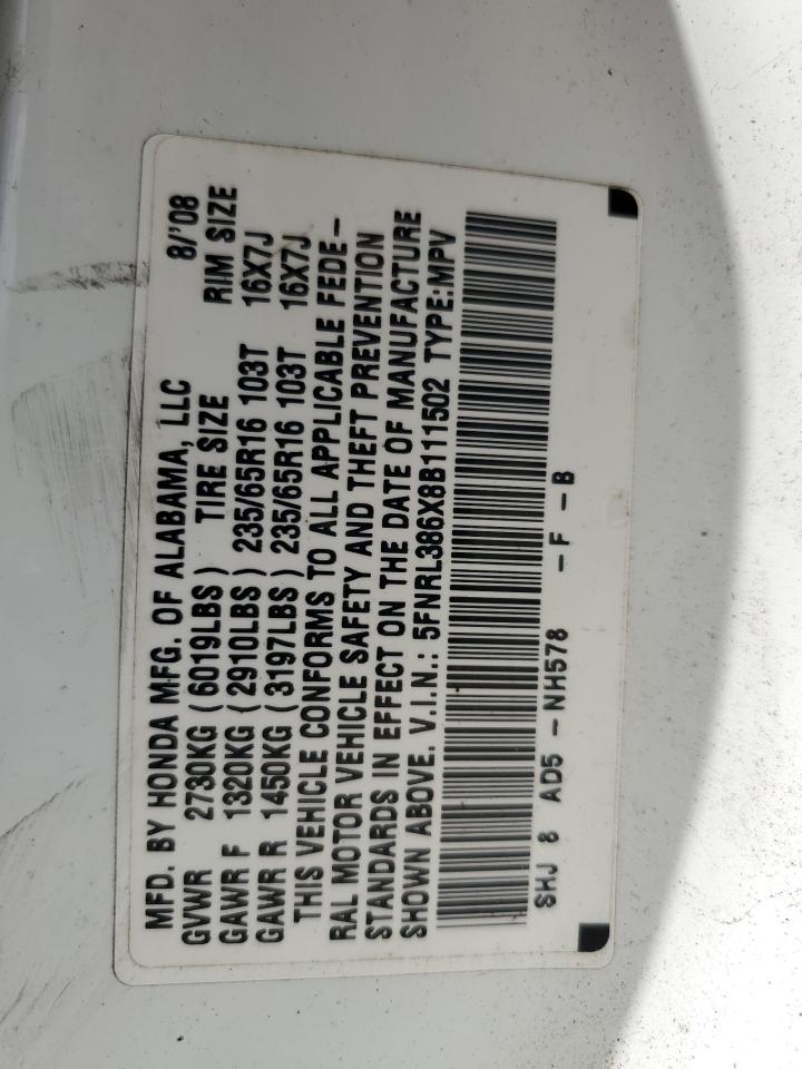 2008 Honda Odyssey Exl VIN: 5FNRL386X8B111502 Lot: 54240485