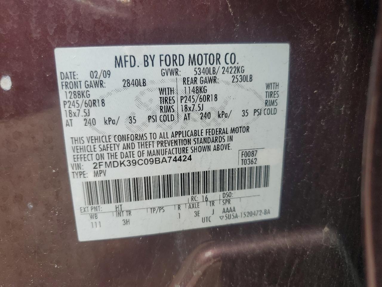 2009 Ford Edge Limited VIN: 2FMDK39C09BA74424 Lot: 50934955