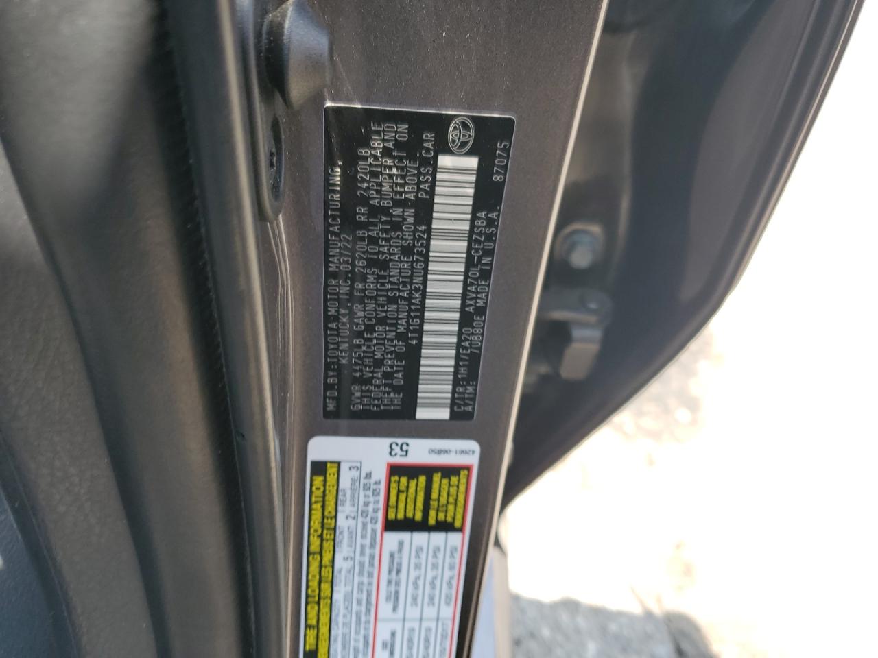 2022 Toyota Camry Se VIN: 4T1G11AK3NU673524 Lot: 55170035