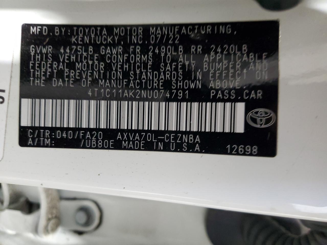 2022 Toyota Camry Le VIN: 4T1C11AK2NU074791 Lot: 54309975