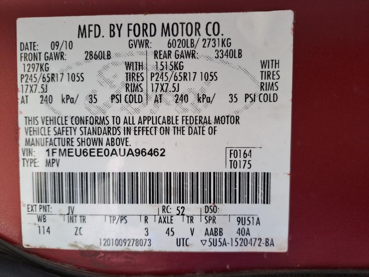 1FMEU6EE0AUA96462 - 2010 Ford EXPLORER - #undefined