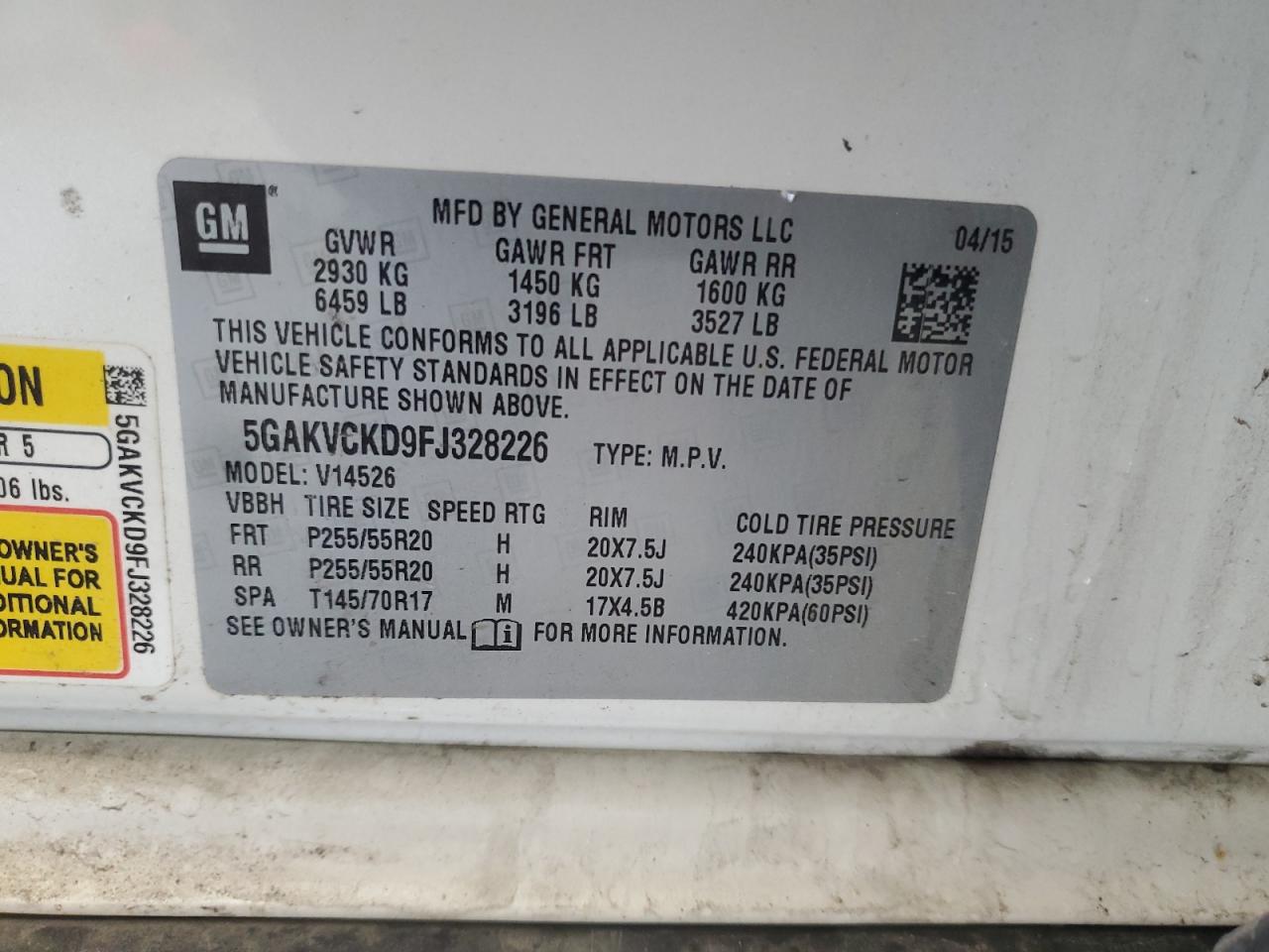 2015 Buick Enclave VIN: 5GAKVCKD9FJ328226 Lot: 52035875