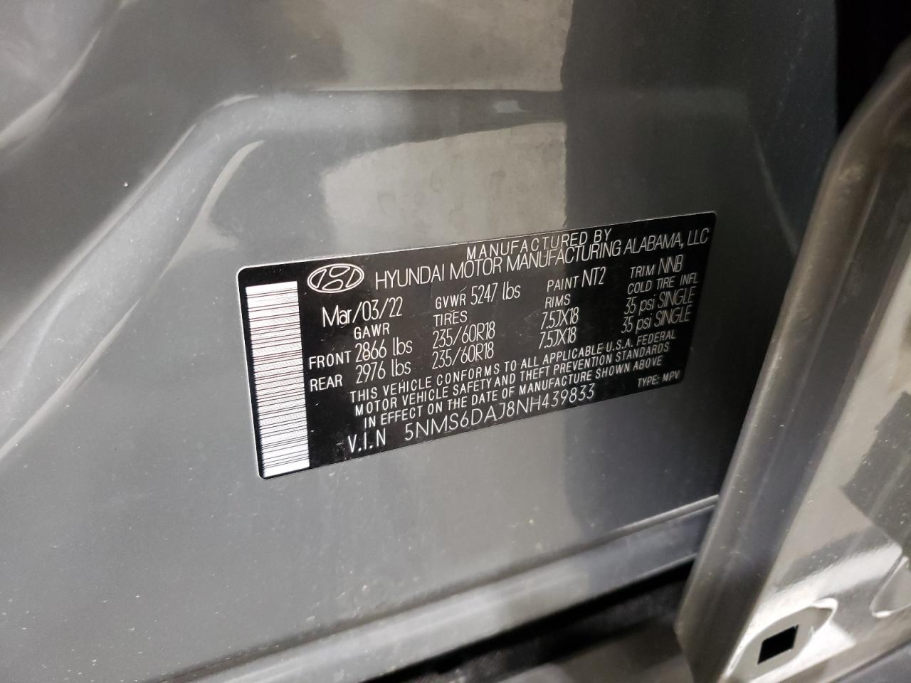 2022 Hyundai Santa Fe Sel VIN: 5NMS6DAJ8NH439833 Lot: 53343145
