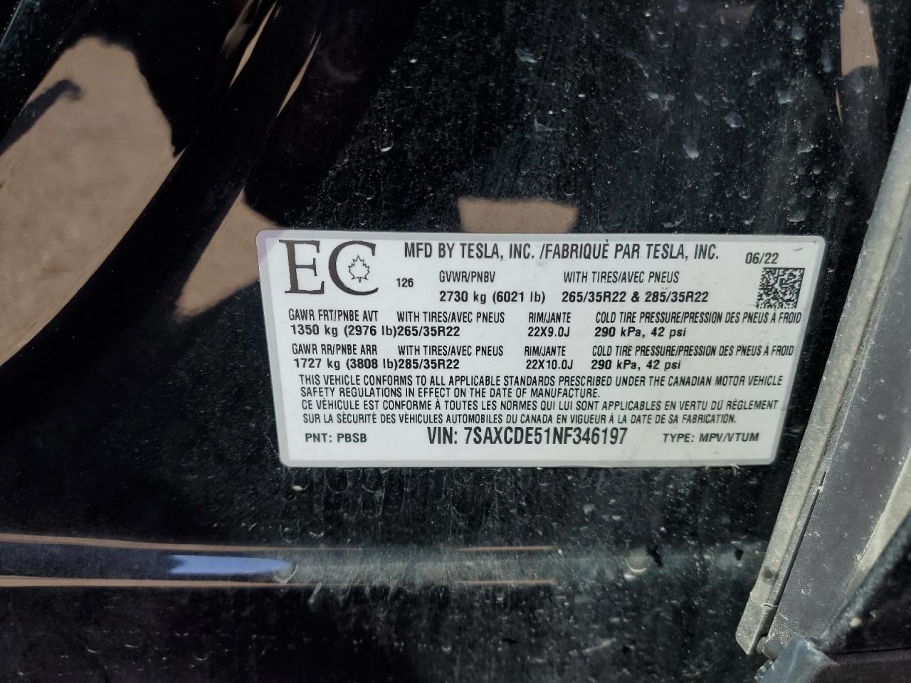 2022 Tesla Model X VIN: 7SAXCDE51NF346197 Lot: 53871265