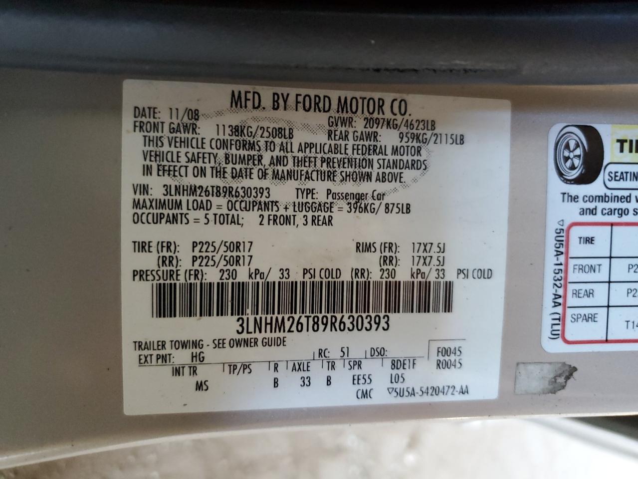 2009 Lincoln Mkz VIN: 3LNHM26T89R630393 Lot: 55234315