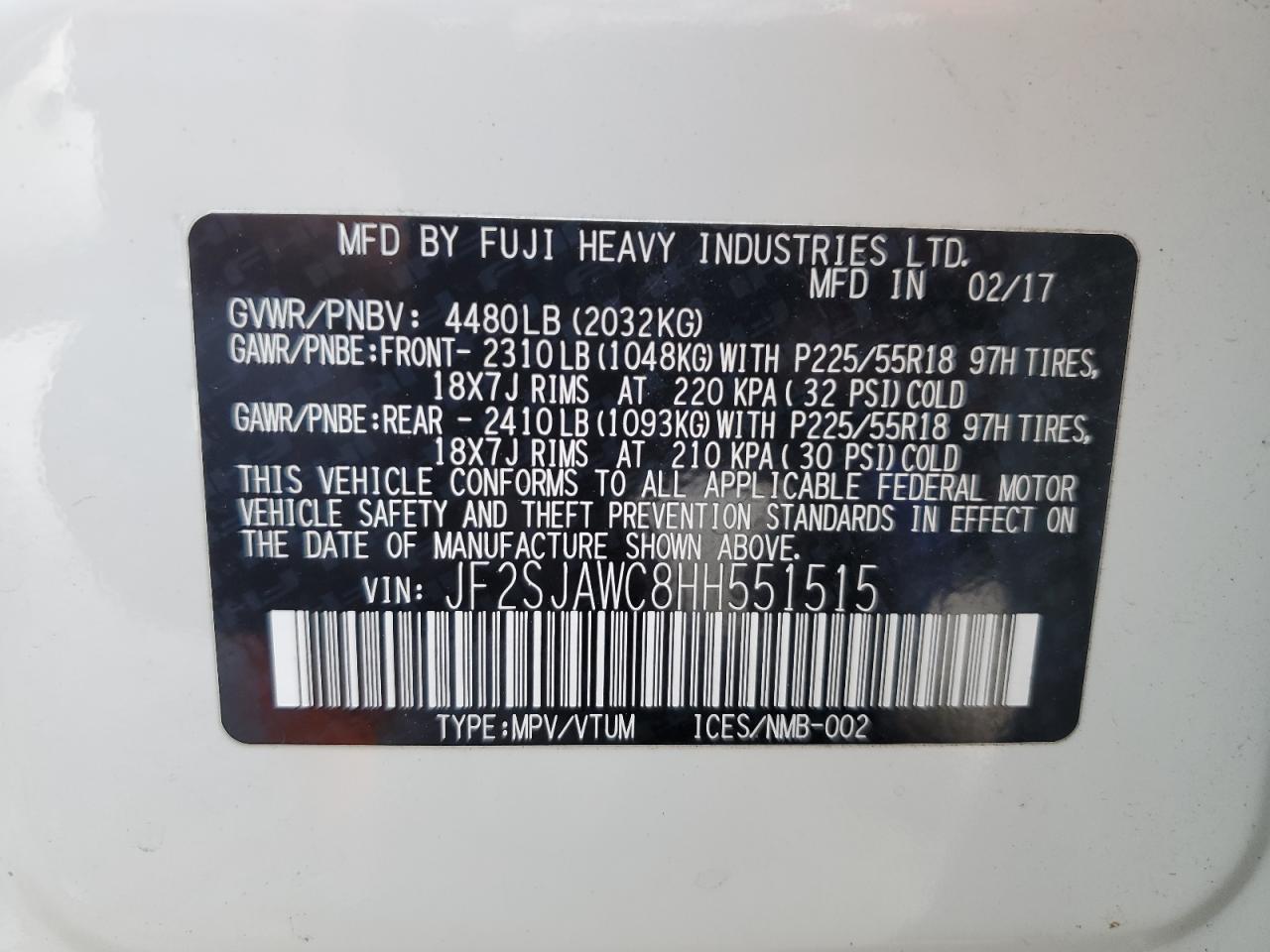 2017 Subaru Forester 2.5I Touring VIN: JF2SJAWC8HH551515 Lot: 53961675