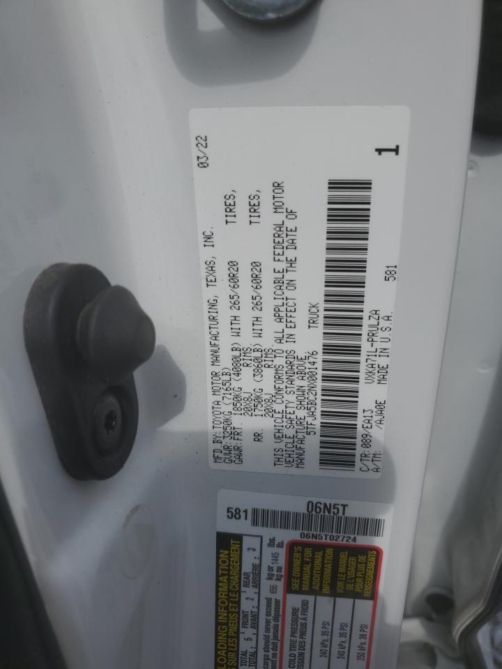 2022 Toyota Tundra Crewmax Limited VIN: 5TFJA5BC2NX001476 Lot: 51570645