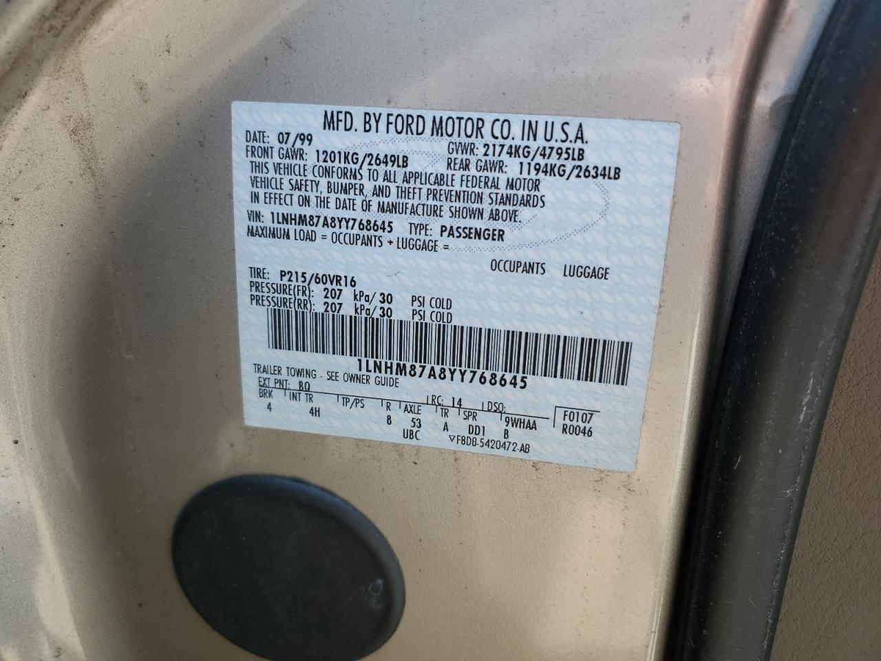 2000 Lincoln Ls VIN: 1LNHM87A8YY768645 Lot: 54841415