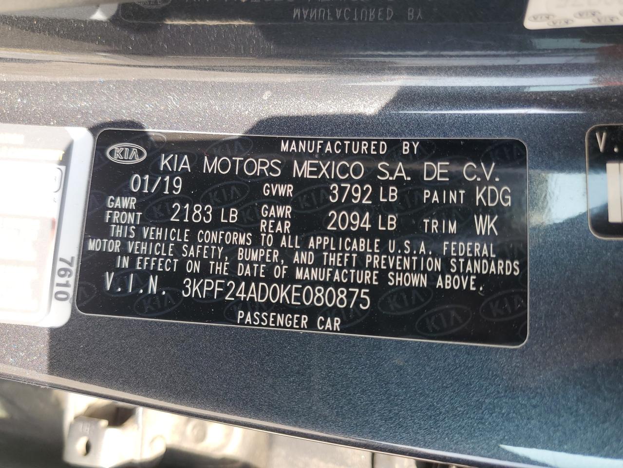 2019 Kia Forte Fe VIN: 3KPF24AD0KE080875 Lot: 58248905