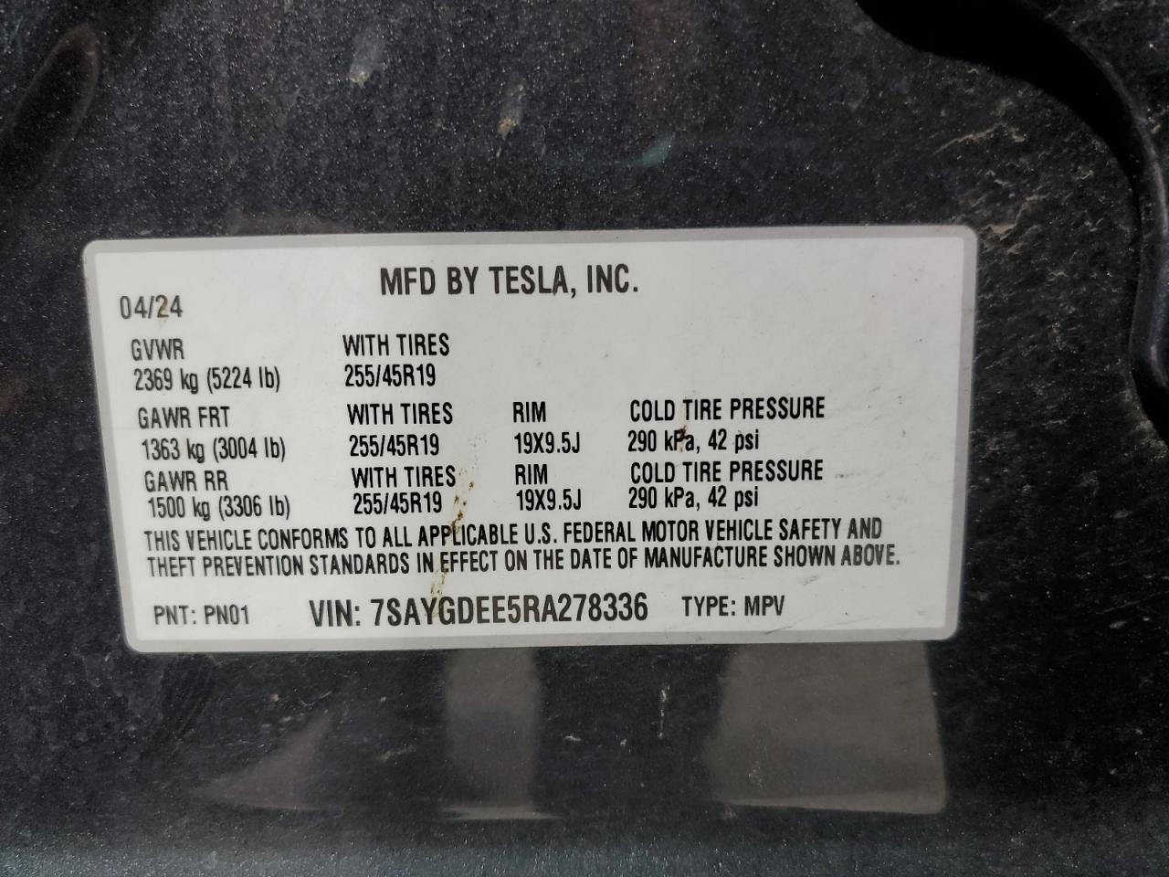 2024 Tesla Model Y VIN: 7SAYGDEE5RA278336 Lot: 53654675