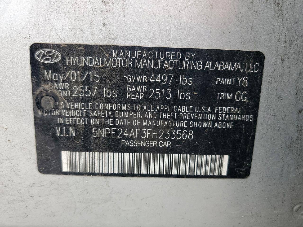 2015 Hyundai Sonata Se VIN: 5NPE24AF3FH233568 Lot: 55329075