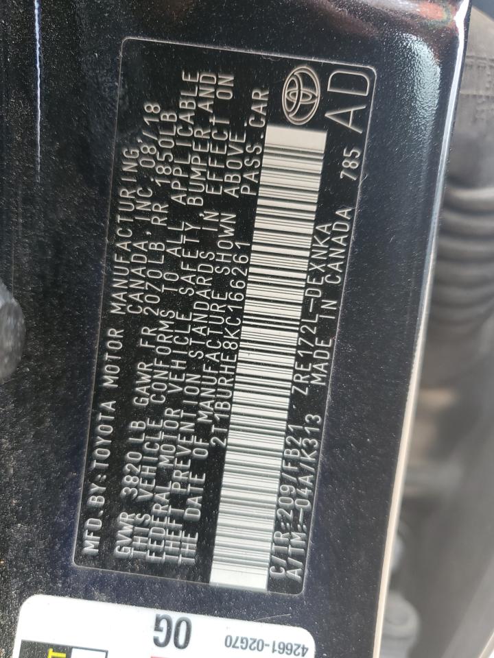 2019 Toyota Corolla L VIN: 2T1BURHE8KC166261 Lot: 53522275