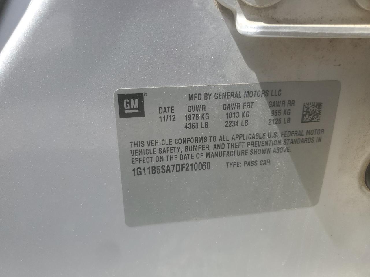 2013 Chevrolet Malibu Ls VIN: 1G11B5SA7DF210060 Lot: 53454535