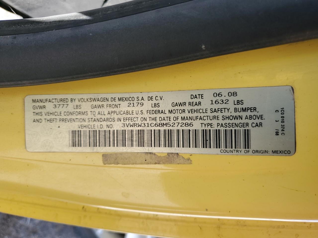 2008 Volkswagen New Beetle S VIN: 3VWRW31C68M527286 Lot: 52229925