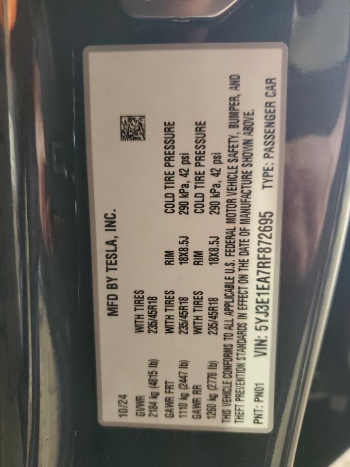 2024 Tesla Model 3 VIN: 5YJ3E1EA7RF872695 Lot: 50828725