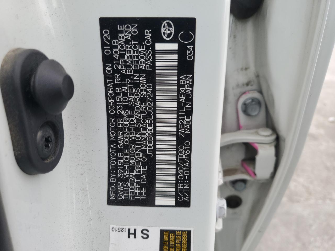 2020 Toyota Corolla Le VIN: JTDEBRBE5LJ027240 Lot: 53706785