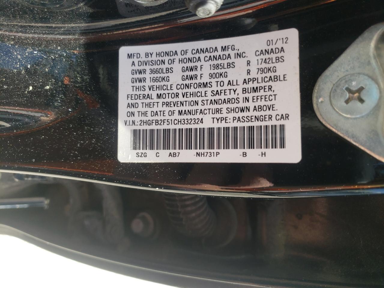 2012 Honda Civic Lx VIN: 2HGFB2F51CH332324 Lot: 53365075