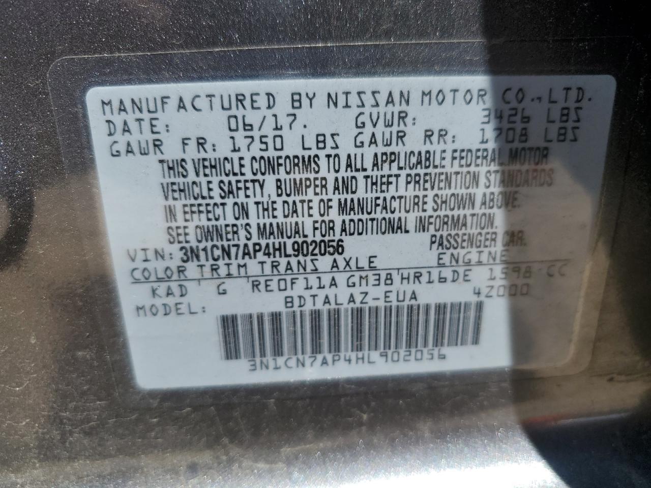 3n1cn7ap4hl902056 3N1CN7AP4HL902056 2017 Nissan Versa S
