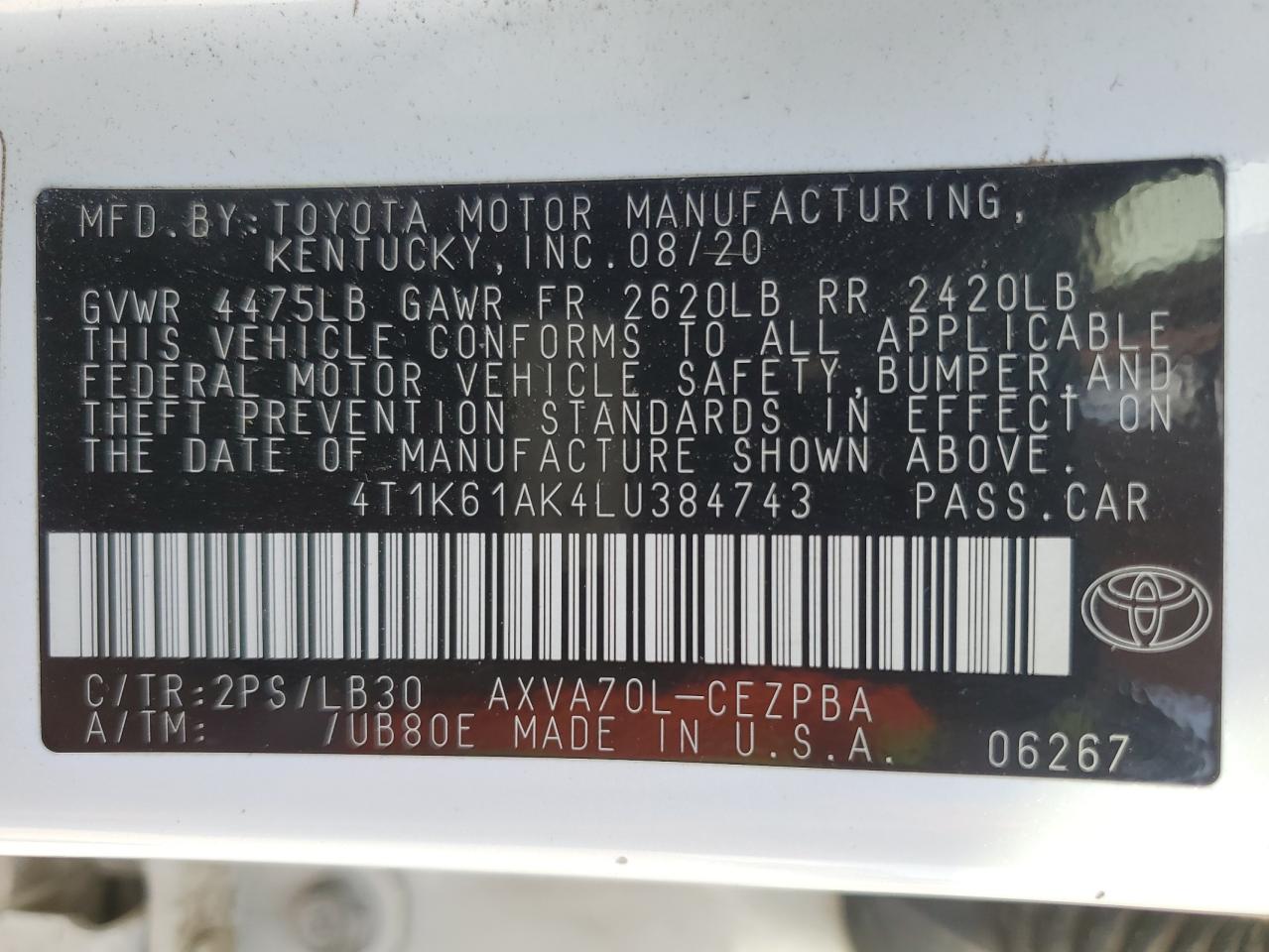 2020 Toyota Camry Xse VIN: 4T1K61AK4LU384743 Lot: 51706605