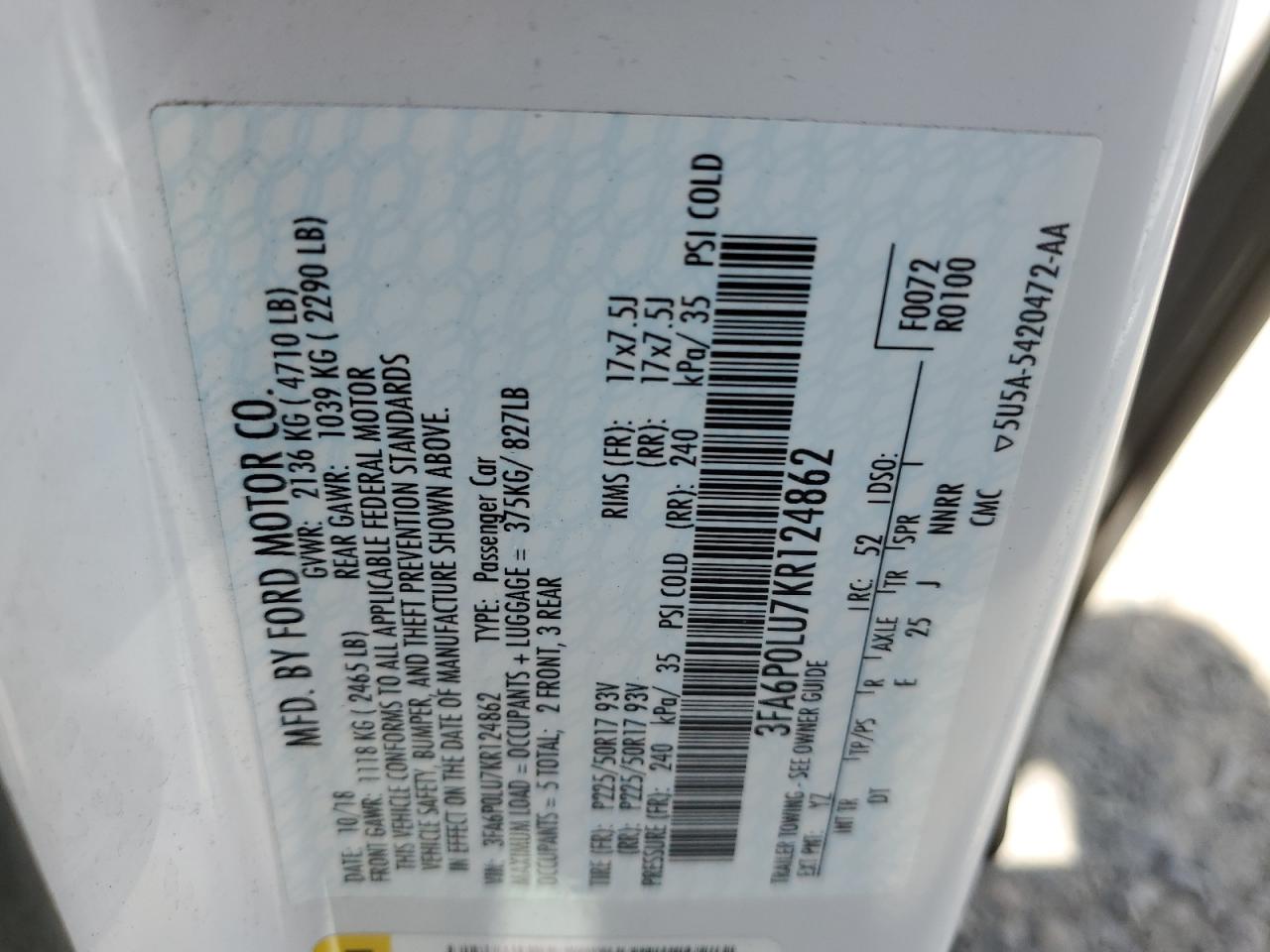 2019 Ford Fusion Se VIN: 3FA6P0LU7KR124862 Lot: 54037375