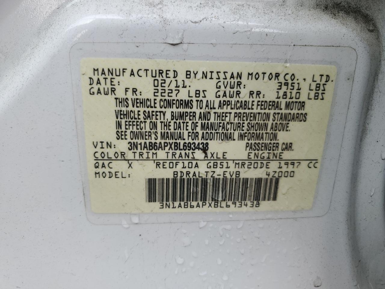 2011 Nissan Sentra 2.0 VIN: 3N1AB6APXBL693438 Lot: 54563775