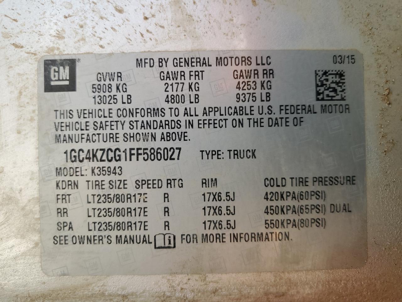 2015 Chevrolet Silverado K3500 Lt VIN: 1GC4KZCG1FF586027 Lot: 50064515