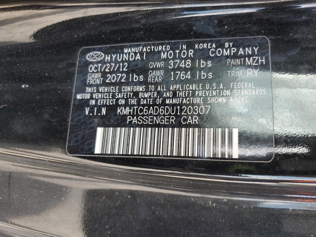2013 Hyundai Veloster VIN: KMHTC6AD6DU120307 Lot: 51459625
