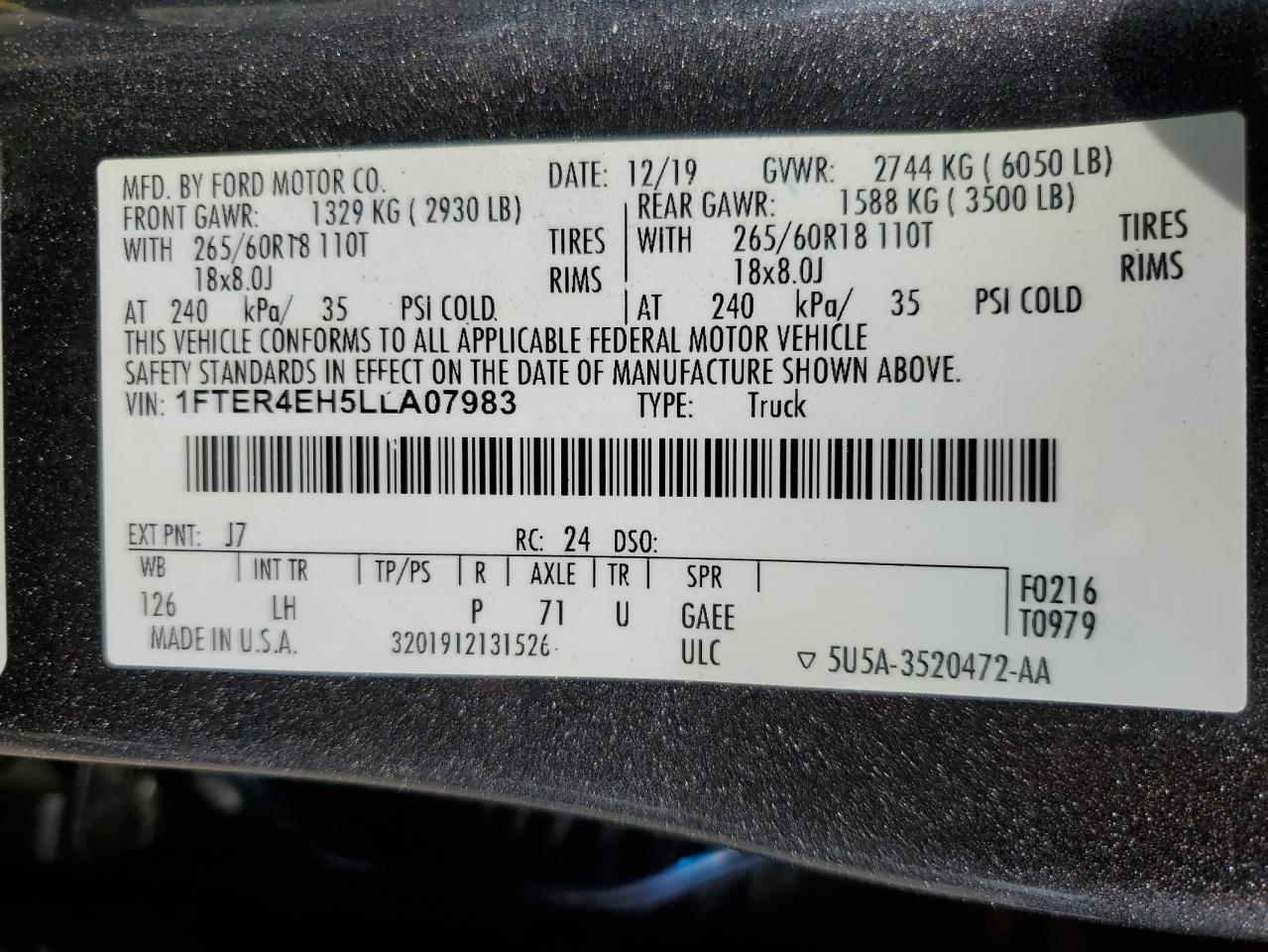 2020 Ford Ranger Xl VIN: 1FTER4EH5LLA07983 Lot: 54490585