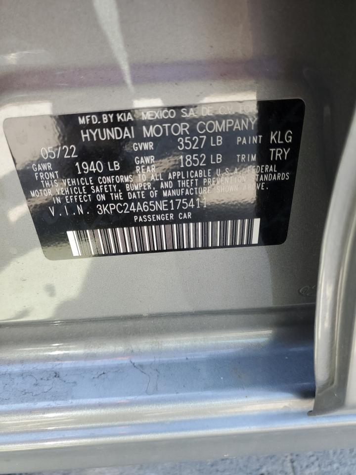 2022 Hyundai Accent Se VIN: 3KPC24A65NE175411 Lot: 54476465
