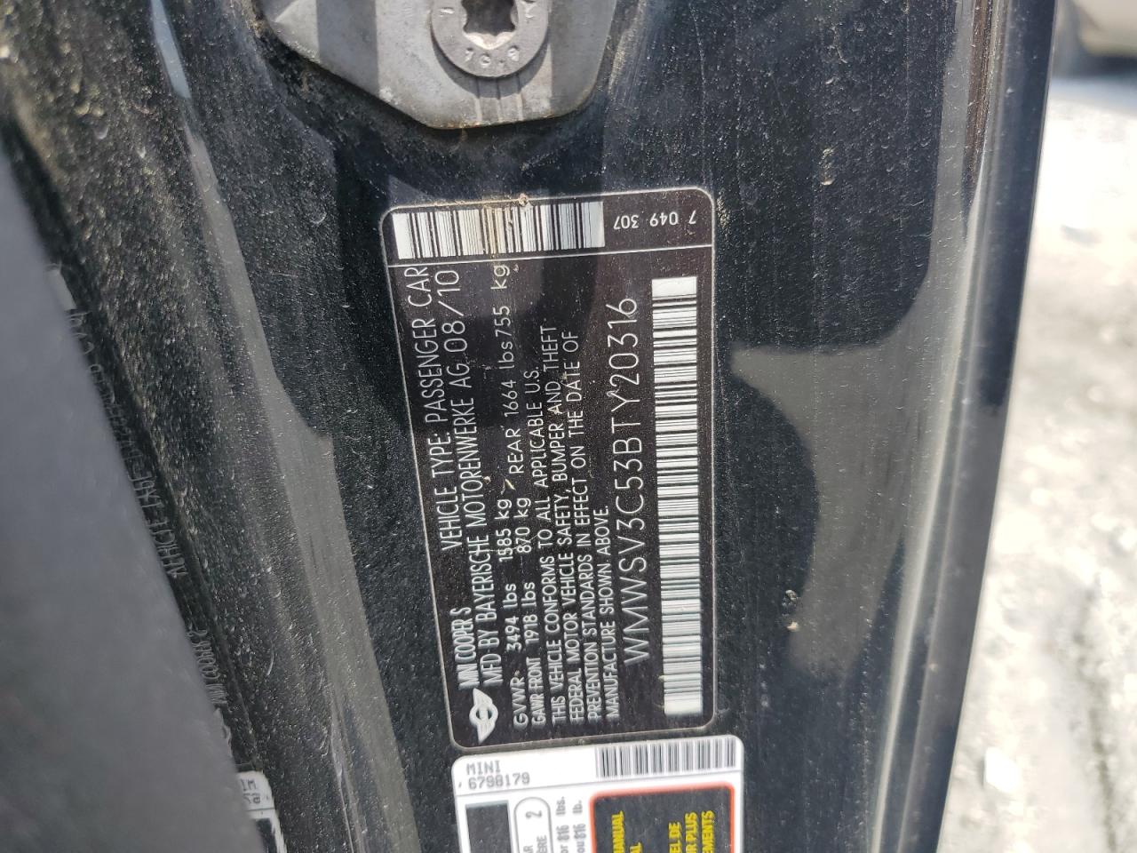 2011 Mini Cooper S VIN: WMWSV3C53BTY20316 Lot: 53974865