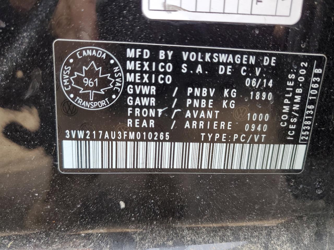 2015 Volkswagen Golf VIN: 3VW217AU3FM010265 Lot: 52673825