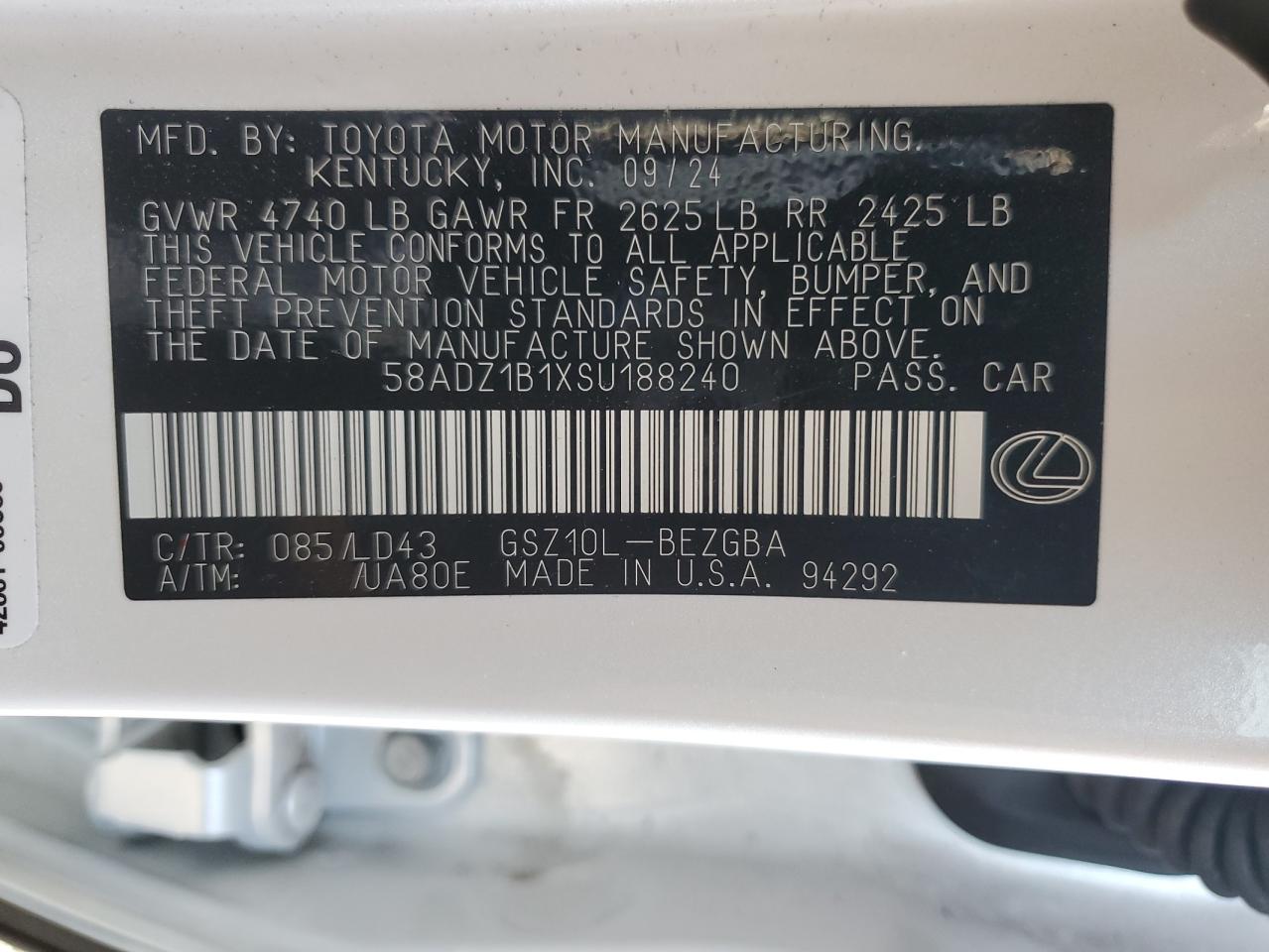 2025 Lexus Es 350 Base VIN: 58ADZ1B1XSU188240 Lot: 51834515