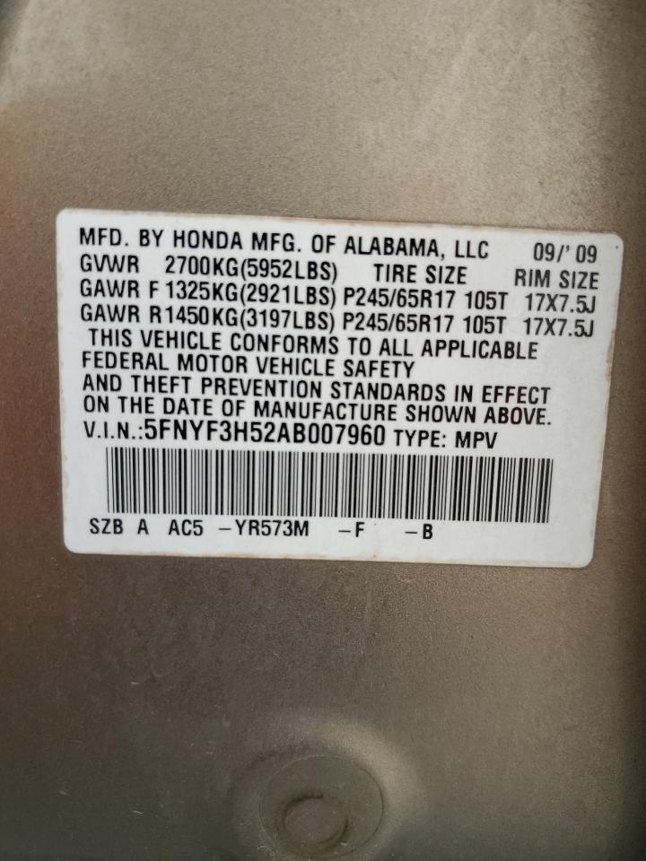 2010 Honda Pilot VIN: 5FNYF52AB007960 Lot: 51544165