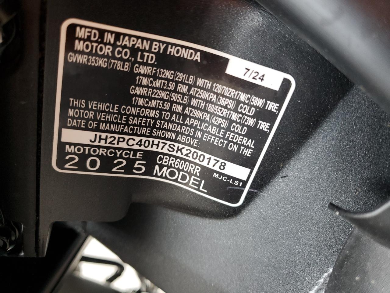 2025 Honda Cbr600 Rr VIN: JH2PC40H7SK200178 Lot: 51955845